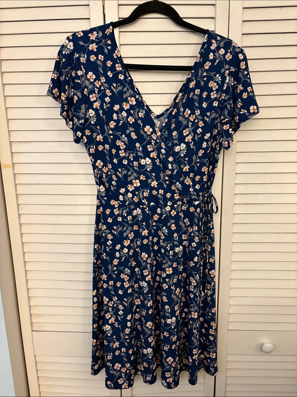Kaileigh Navy Floral Faux-Wrap Dress with Peach Accents